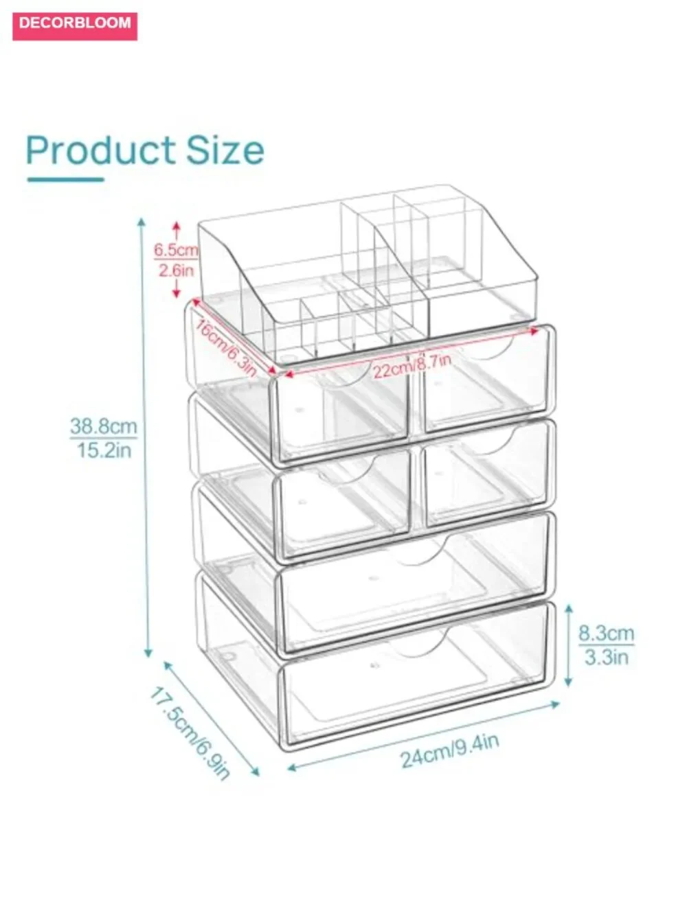 5 Tier Clear Makeup Organizer with Drawer Cosmetic Storage
